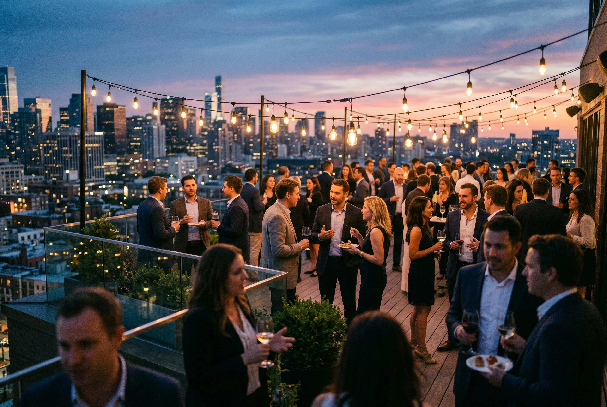 Rooftop networking event at dusk with professionals mingling in small groups representing English small talk scenarios