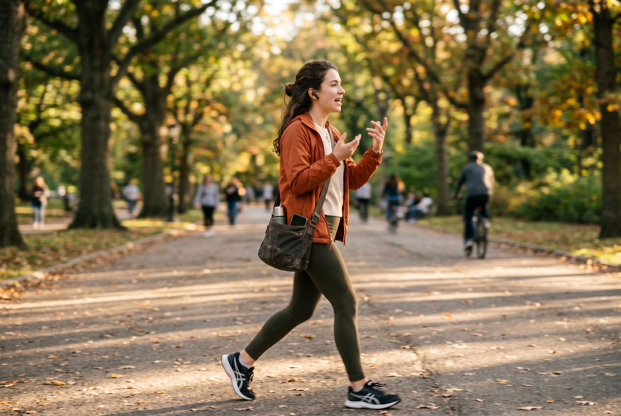 Person walking outdoors with earbuds and gesturing while practicing spoken English small talk aloud