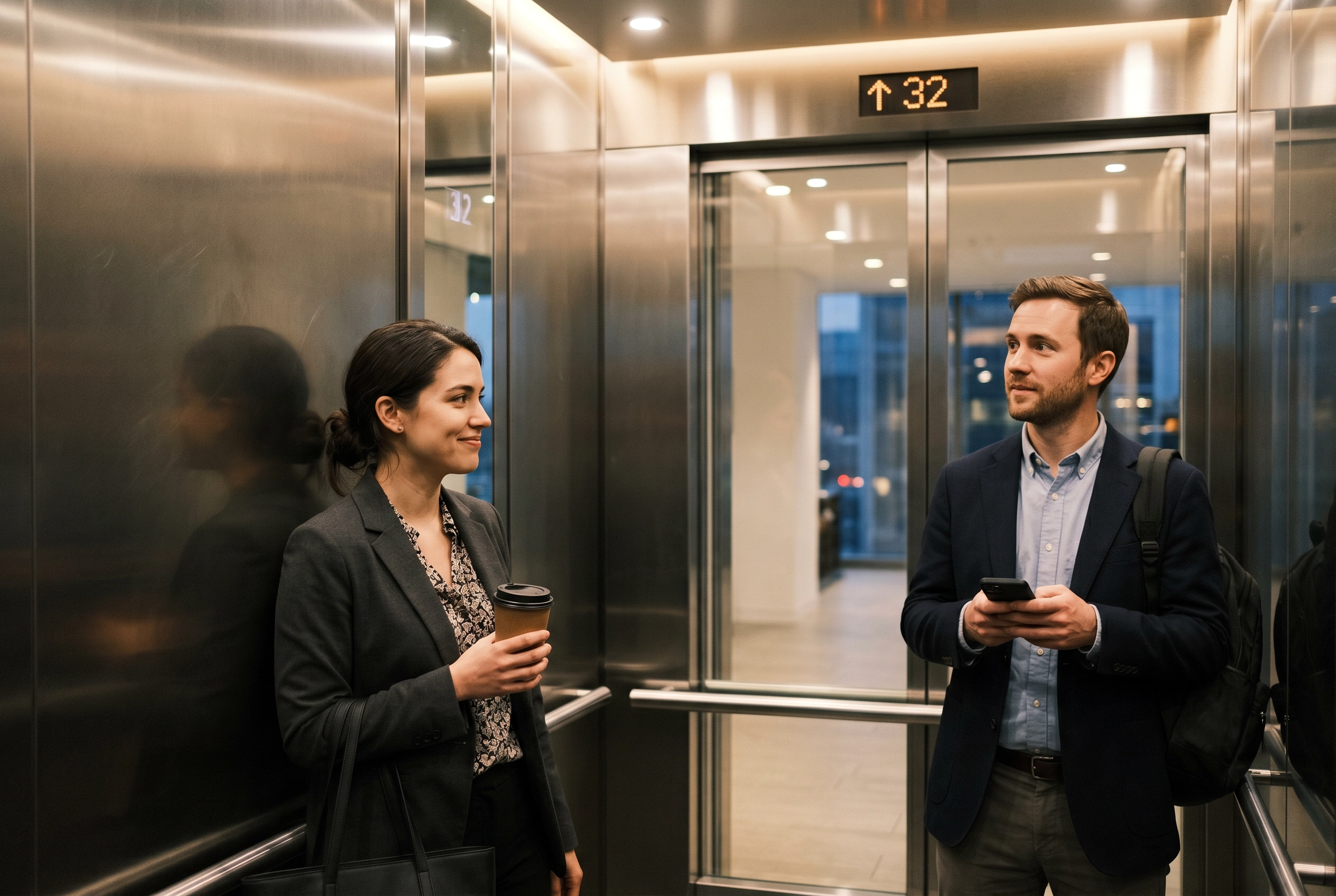 Two professionals in a modern office elevator in a brief low-stakes moment where small talk in English might start