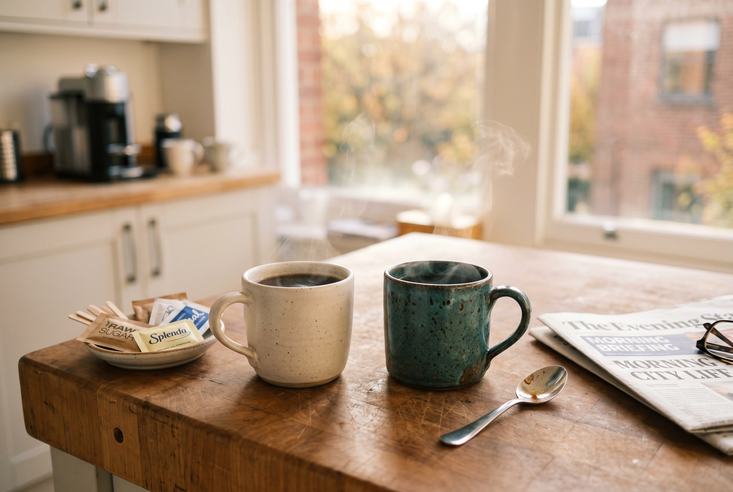 Two steaming coffee mugs on a wooden office kitchen counter representing the quiet moment before workplace small talk