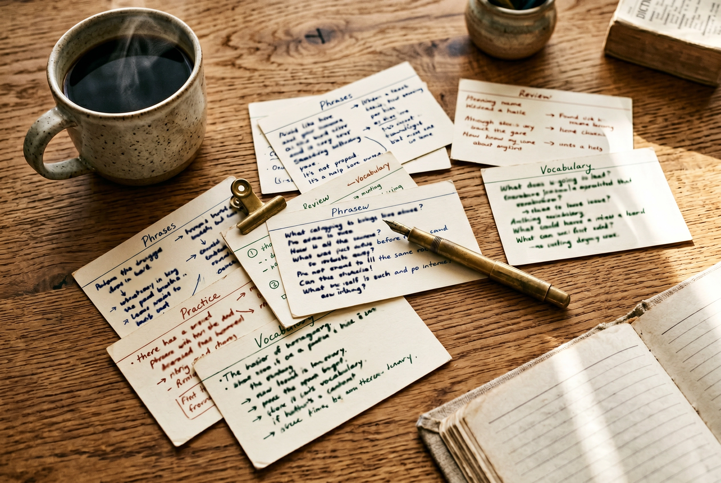 Flat lay of handwritten English small talk phrase cards on a wooden desk with coffee and warm morning light