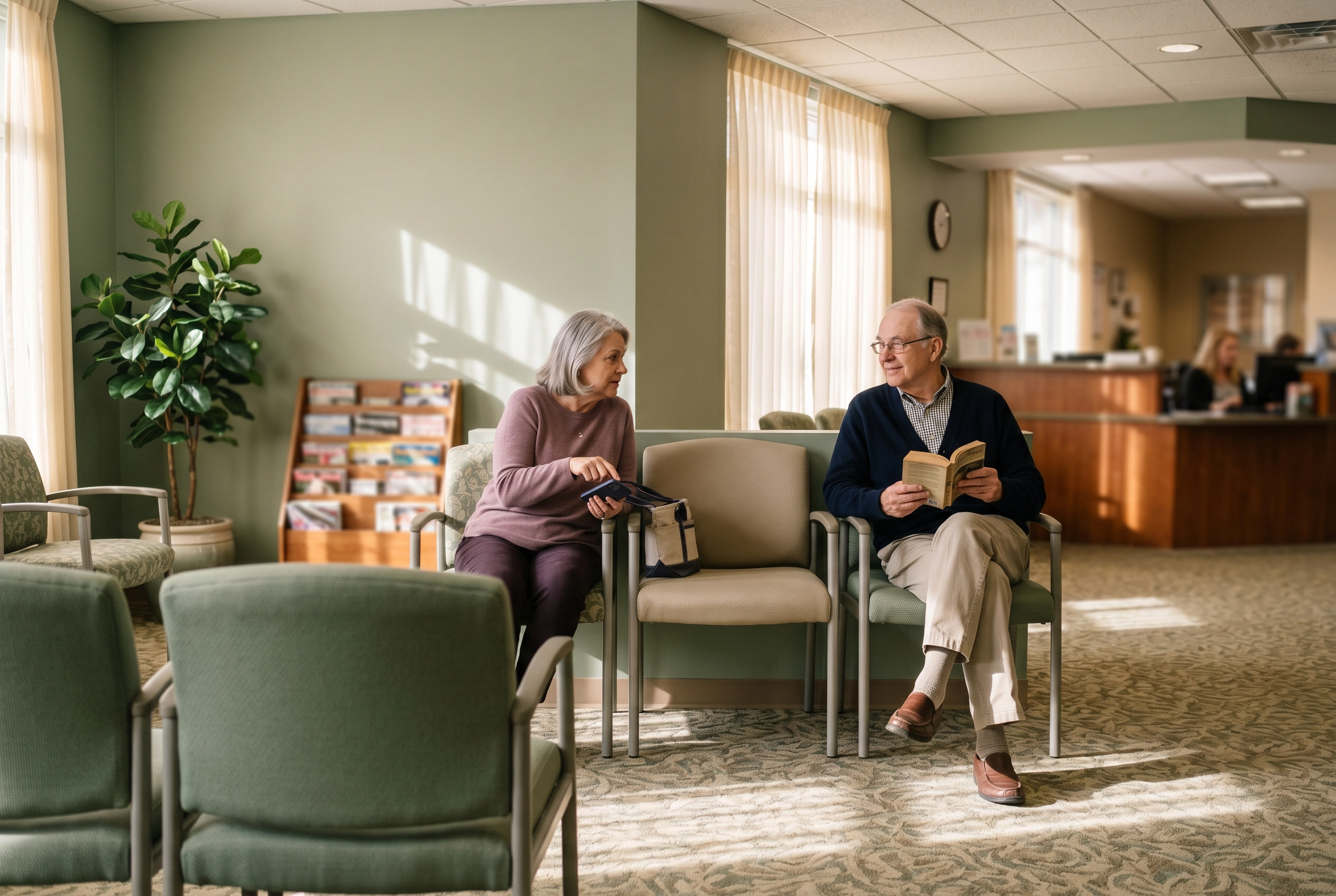 Two people about to start small talk in a softly lit medical waiting room with morning light and quiet atmosphere
