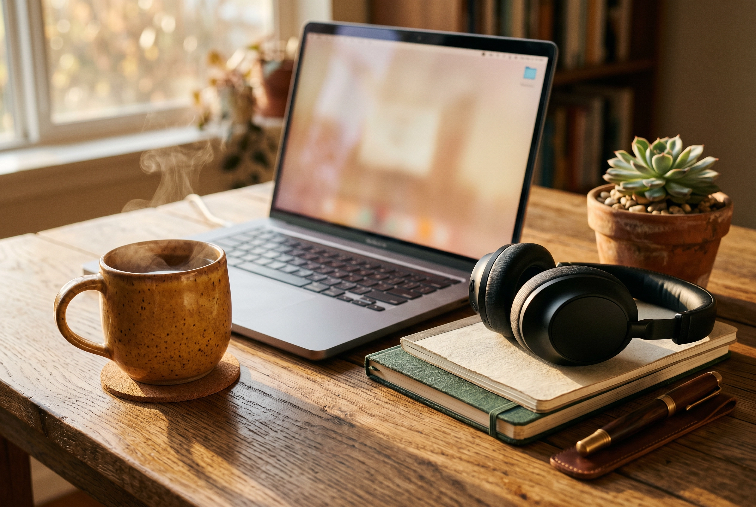 Cozy home workspace with tea and headphones representing a video call warm-up moment for small talk in English