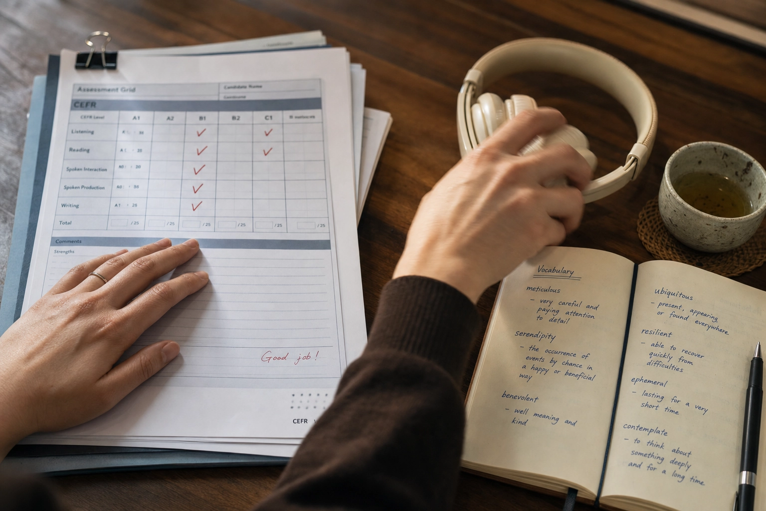 Hands transitioning from CEFR assessment papers to headphones and vocabulary journal, showing the shift from English testing to conversation practice