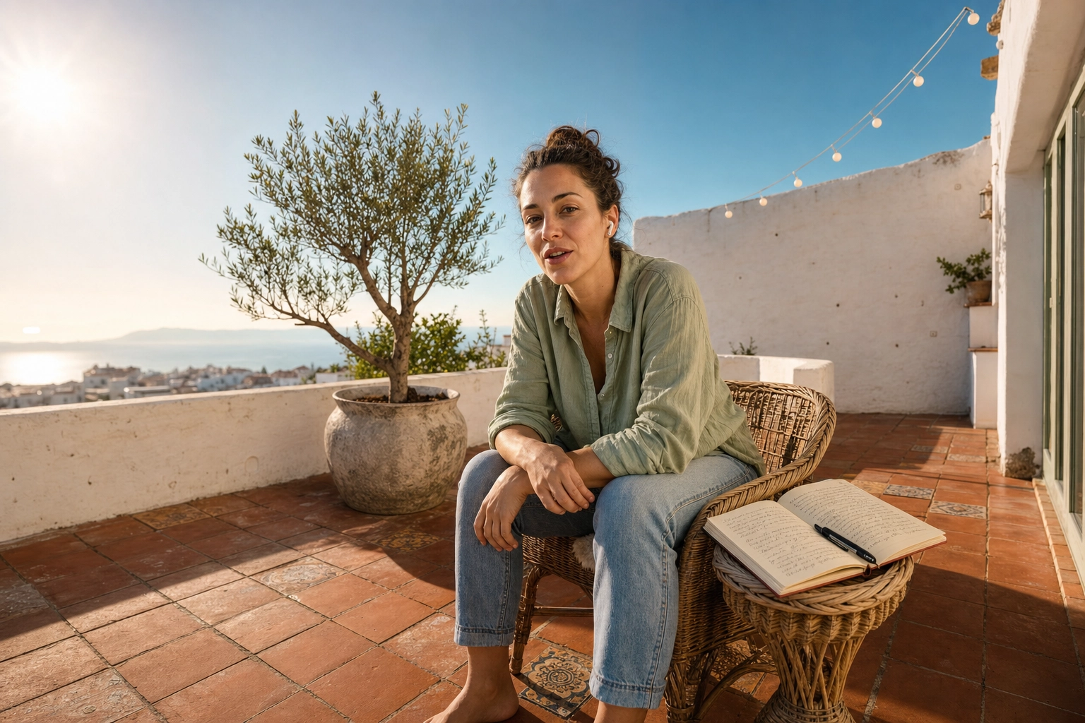 Woman practicing English speaking on sunlit Mediterranean balcony with notebook, showing daily speaking habit beyond formal assessment