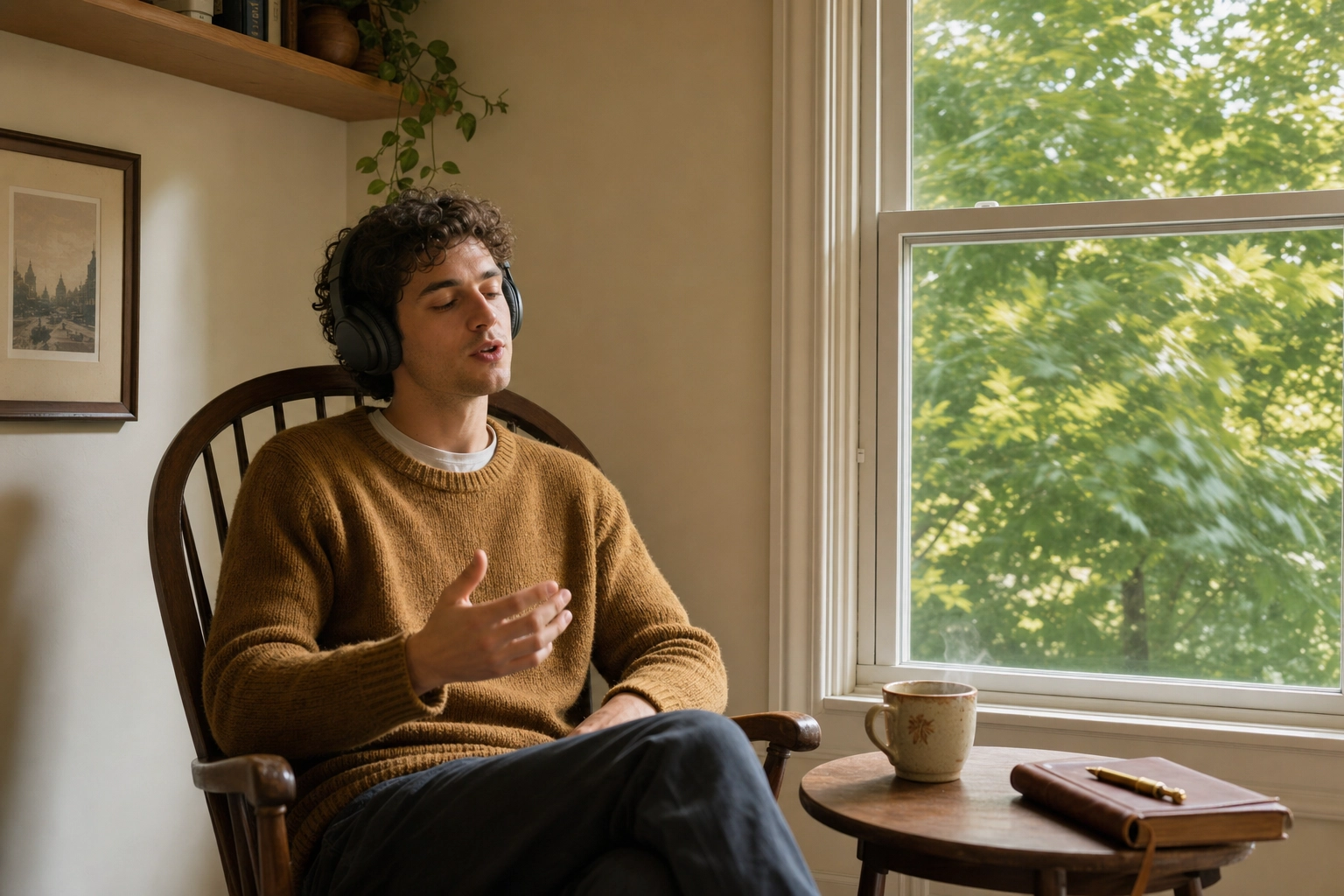 Young man wearing headphones speaking English aloud in a quiet sunlit home corner with notebook and tea, representing daily English speaking practice