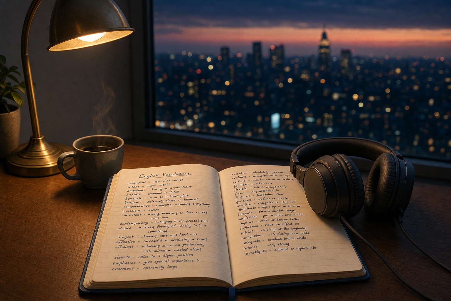 Evening desk with vocabulary journal, headphones, and coffee near city window at dusk, symbolizing daily commitment to English speaking practice