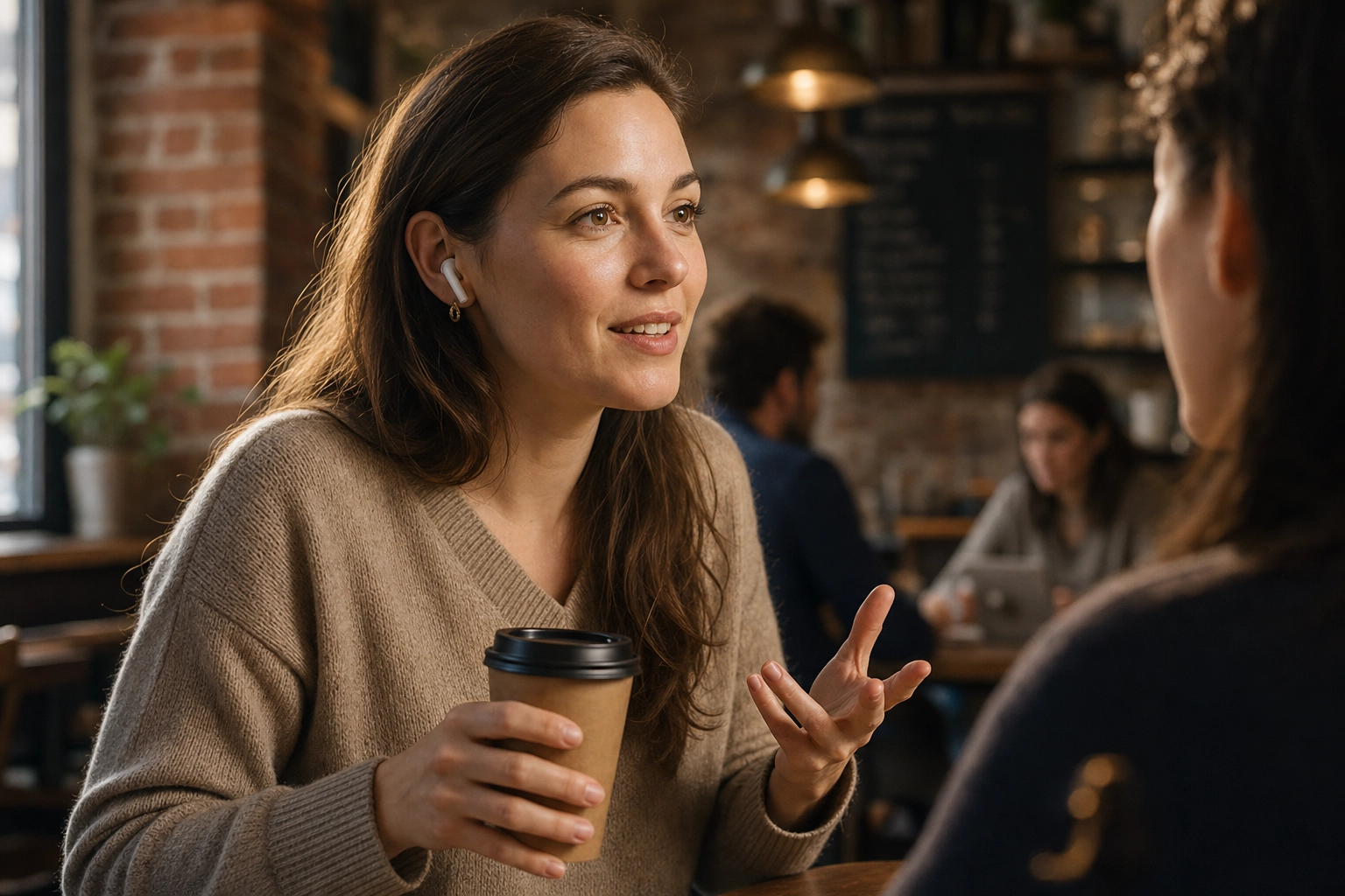 Woman speaking English with confidence in a cafe with single earbud, showing natural conversation practice over assessment-based learning