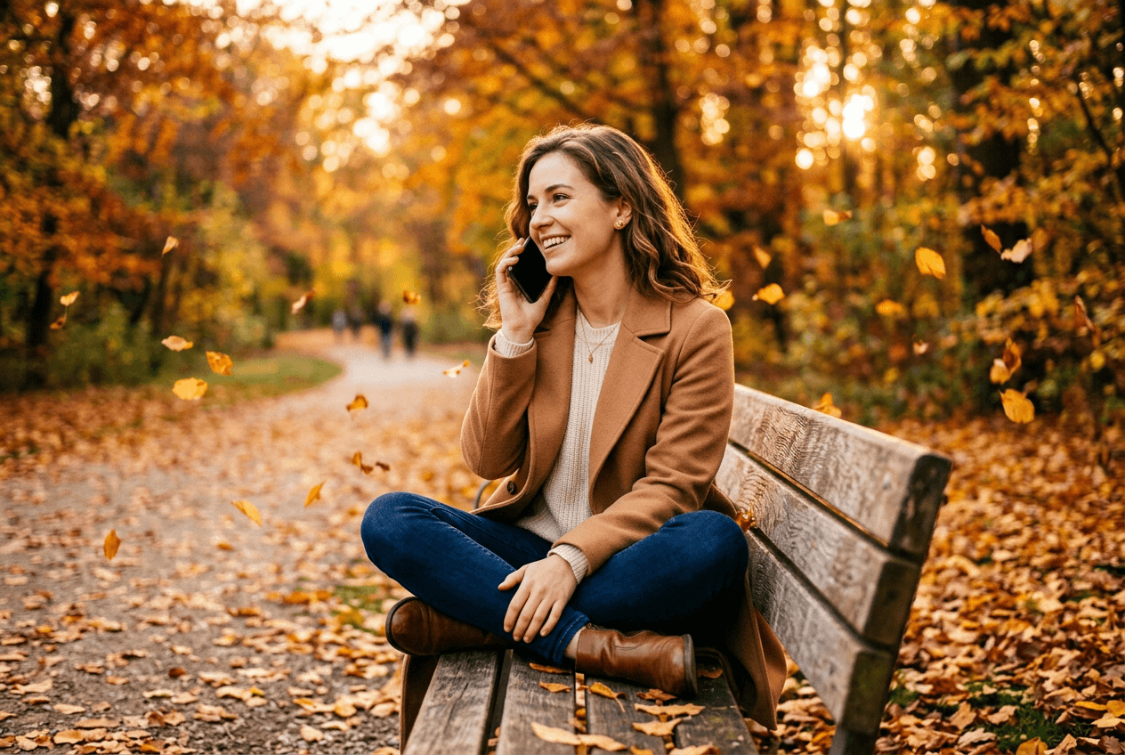 Woman having relaxed phone conversation in park representing judgment-free English speaking practice