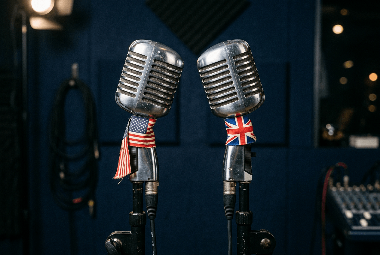 Two microphones with American and British flags representing accent choice in English speaking apps