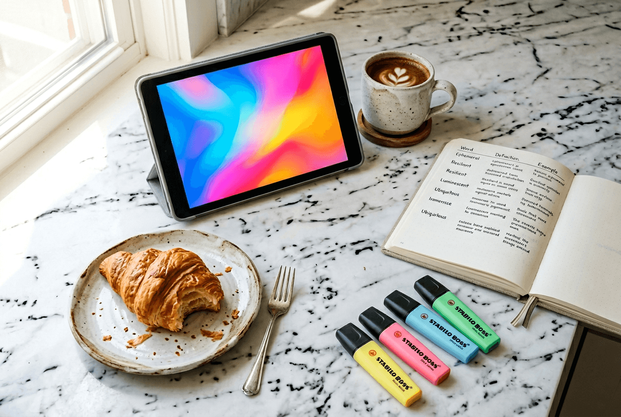 Study setup with tablet and vocabulary notes showing structured language learning app approach
