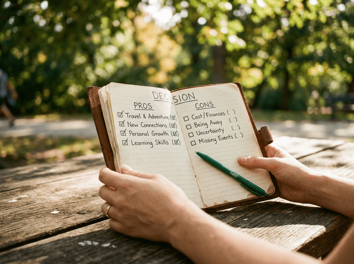 Pros and cons list in notebook representing Speak app review evaluation for English learners