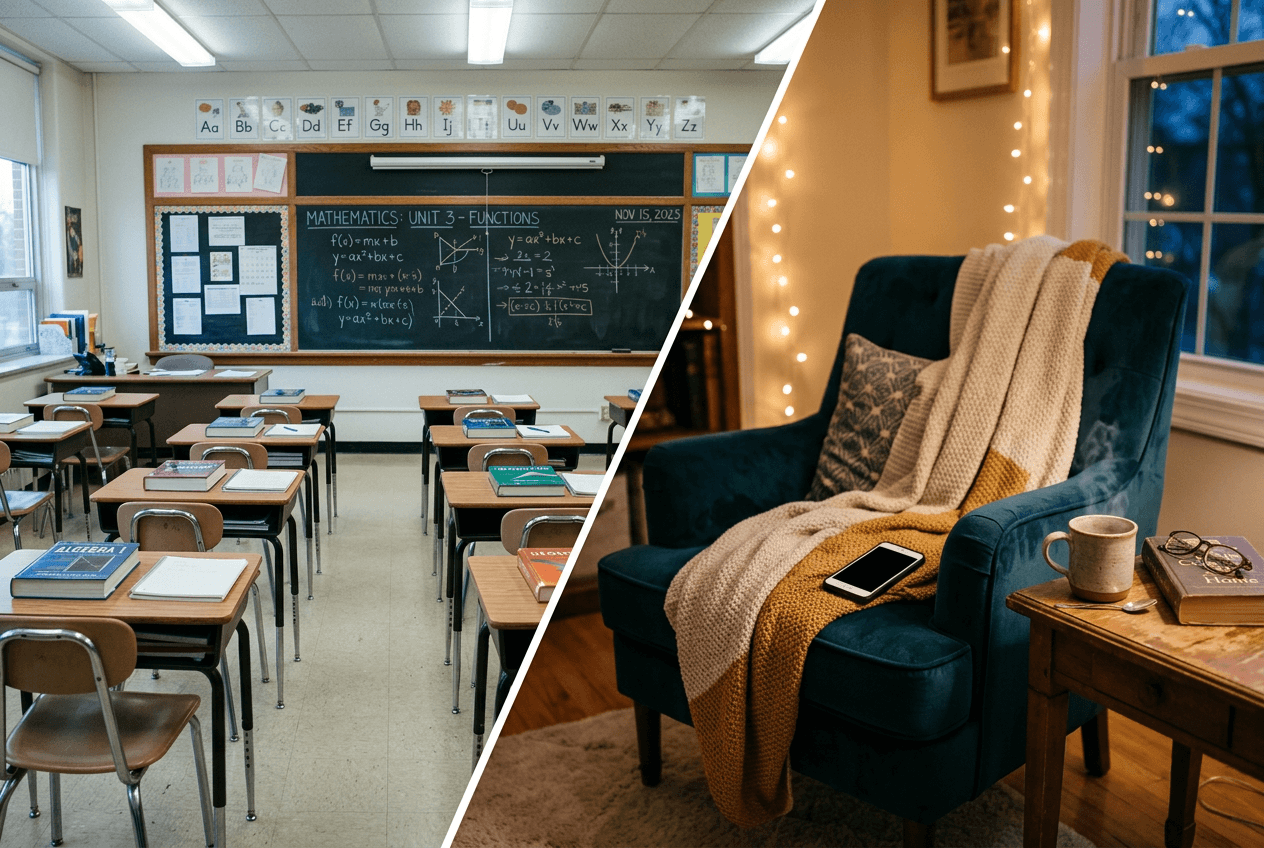 Split view of structured classroom lessons versus relaxed conversation practice for English learning