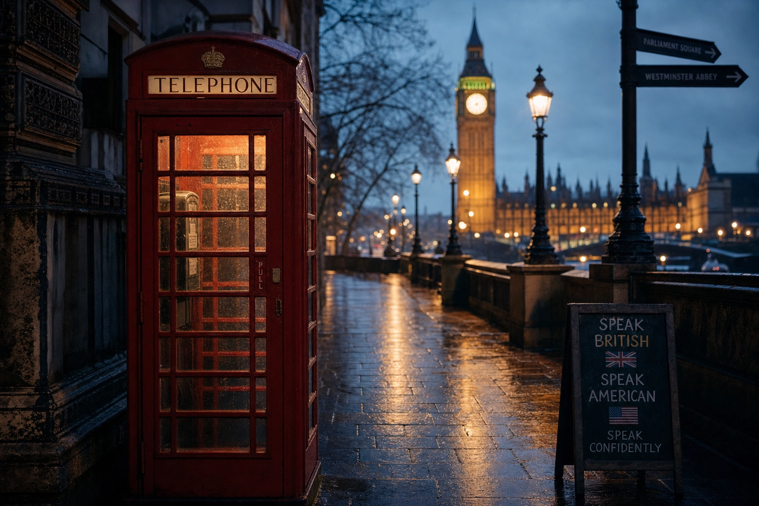 London red telephone box at twilight representing British English accent training and the UK origin of Speakometer