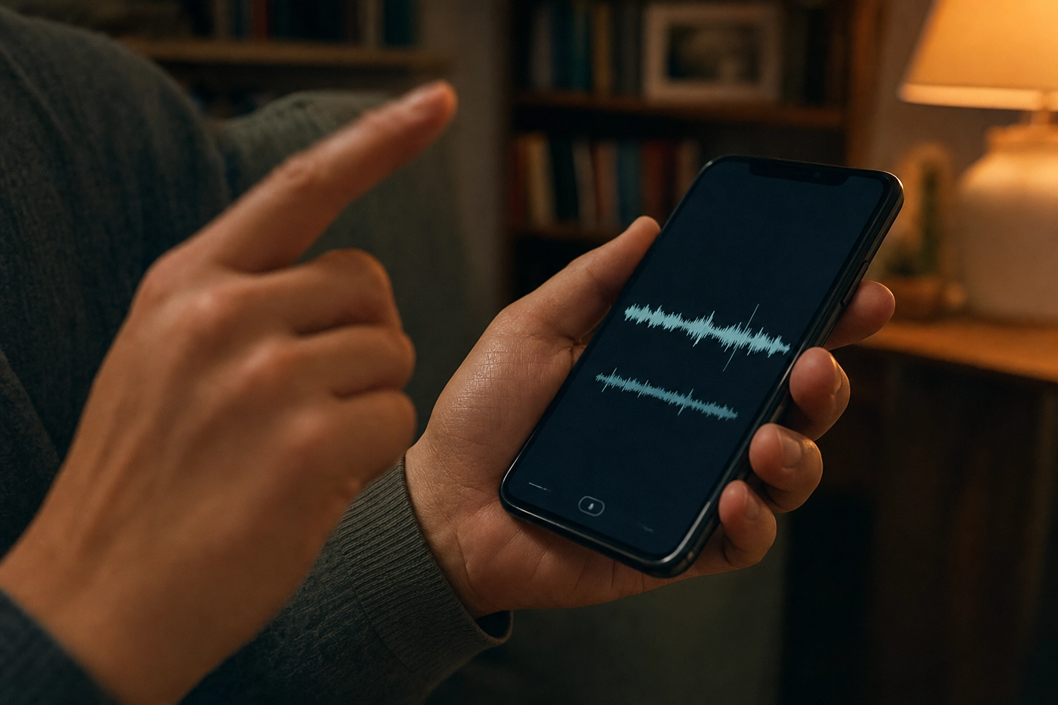Close-up of hands holding smartphone with audio waveform during evening English pronunciation practice session at home