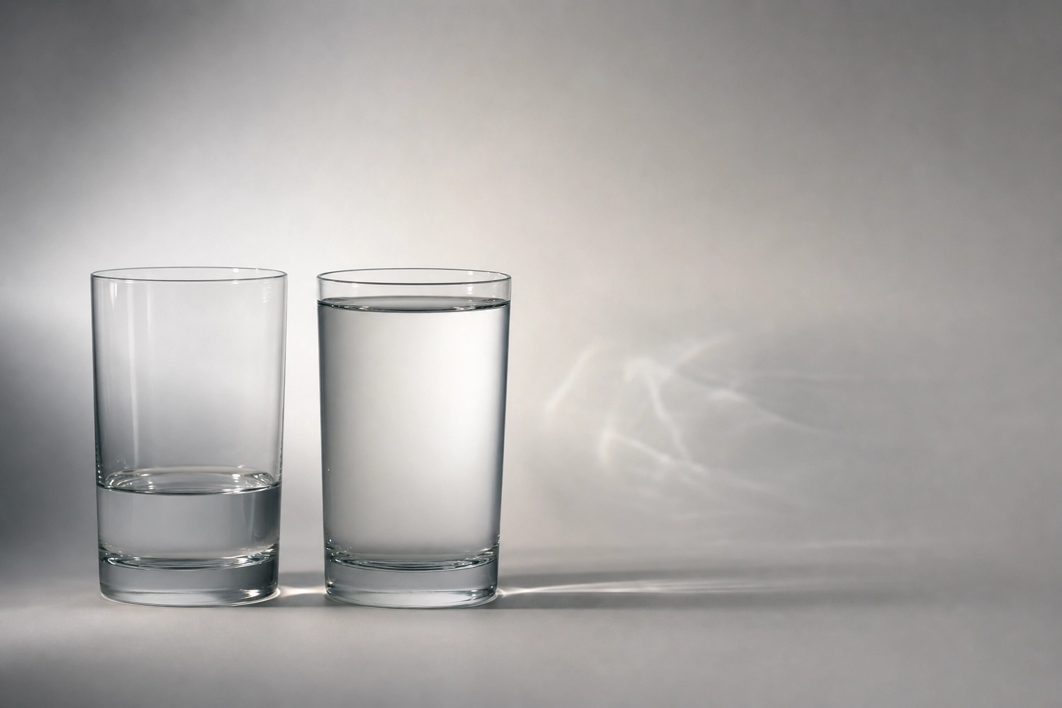 Two glass tumblers with different water levels symbolizing minimal pairs and small phonetic differences in English pronunciation