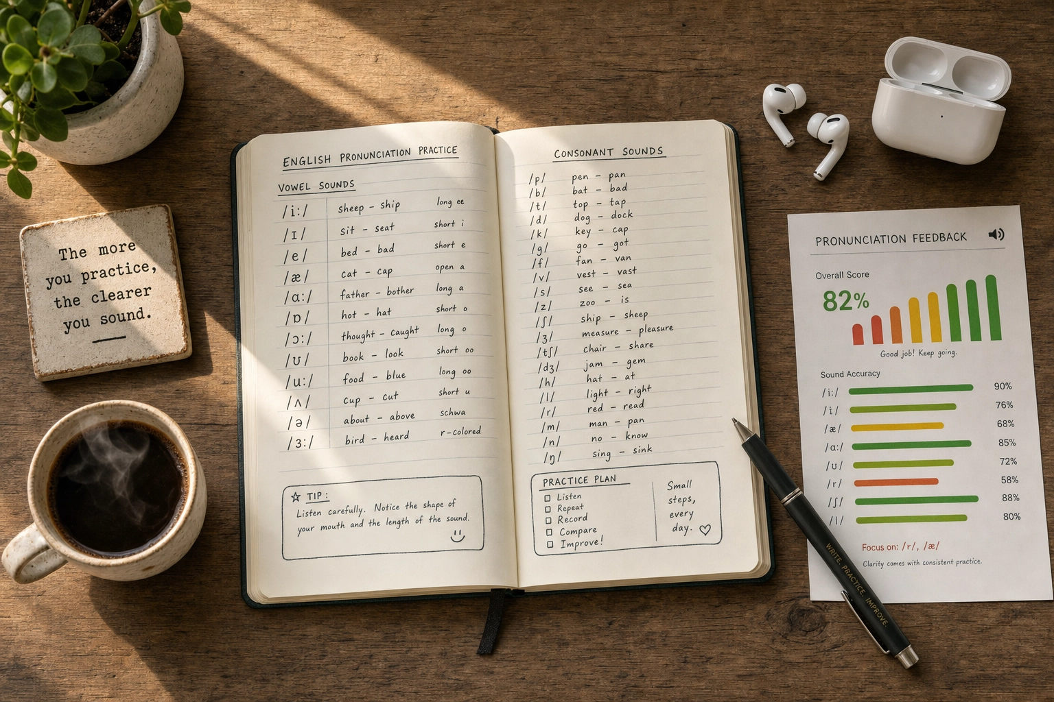 Pronunciation practice desk flat-lay with notebook of phonetic symbols, earbuds, coffee, and color-coded feedback gauge