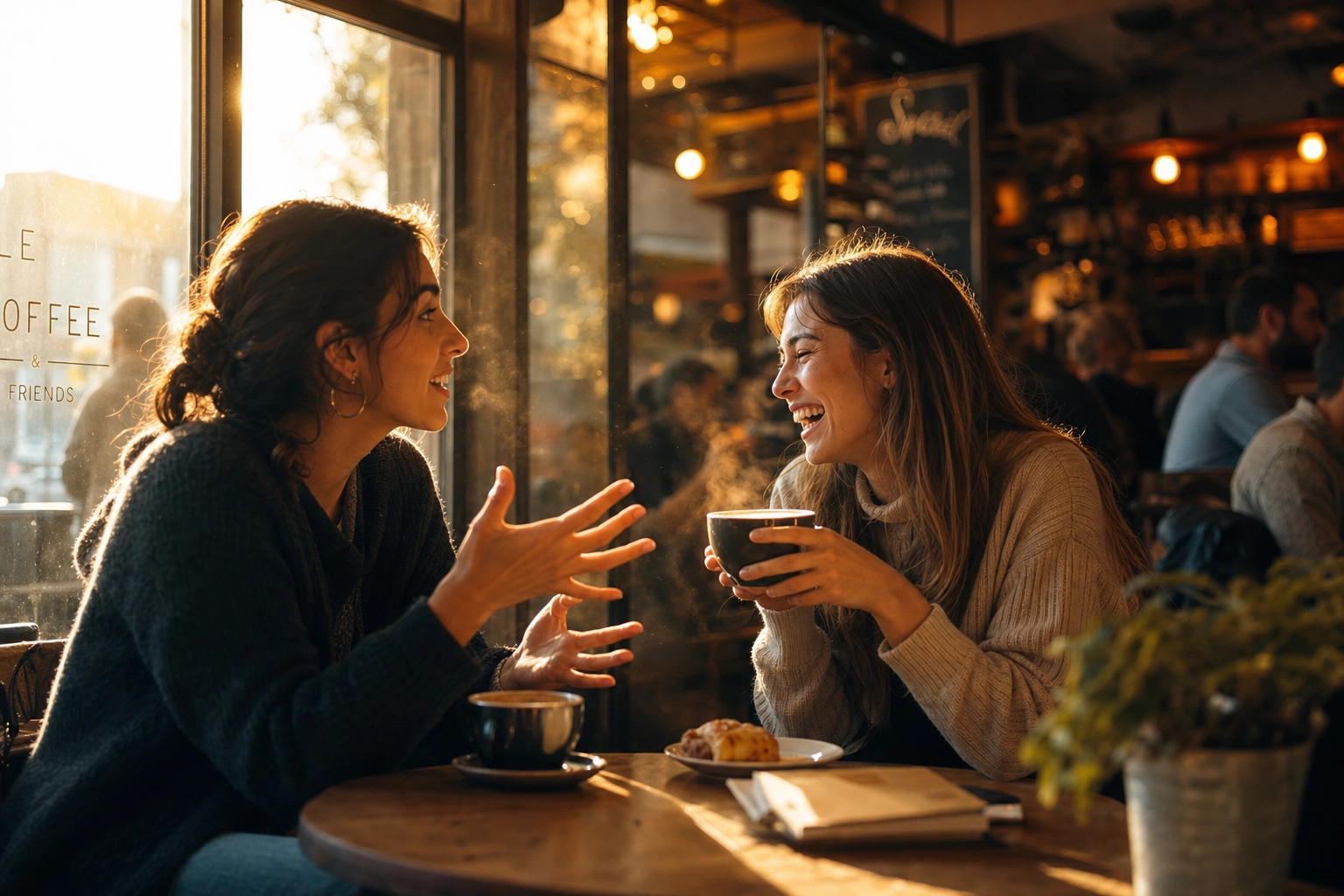 Two friends in animated English conversation at a sunlit coffee shop showing dynamic real-world speaking practice