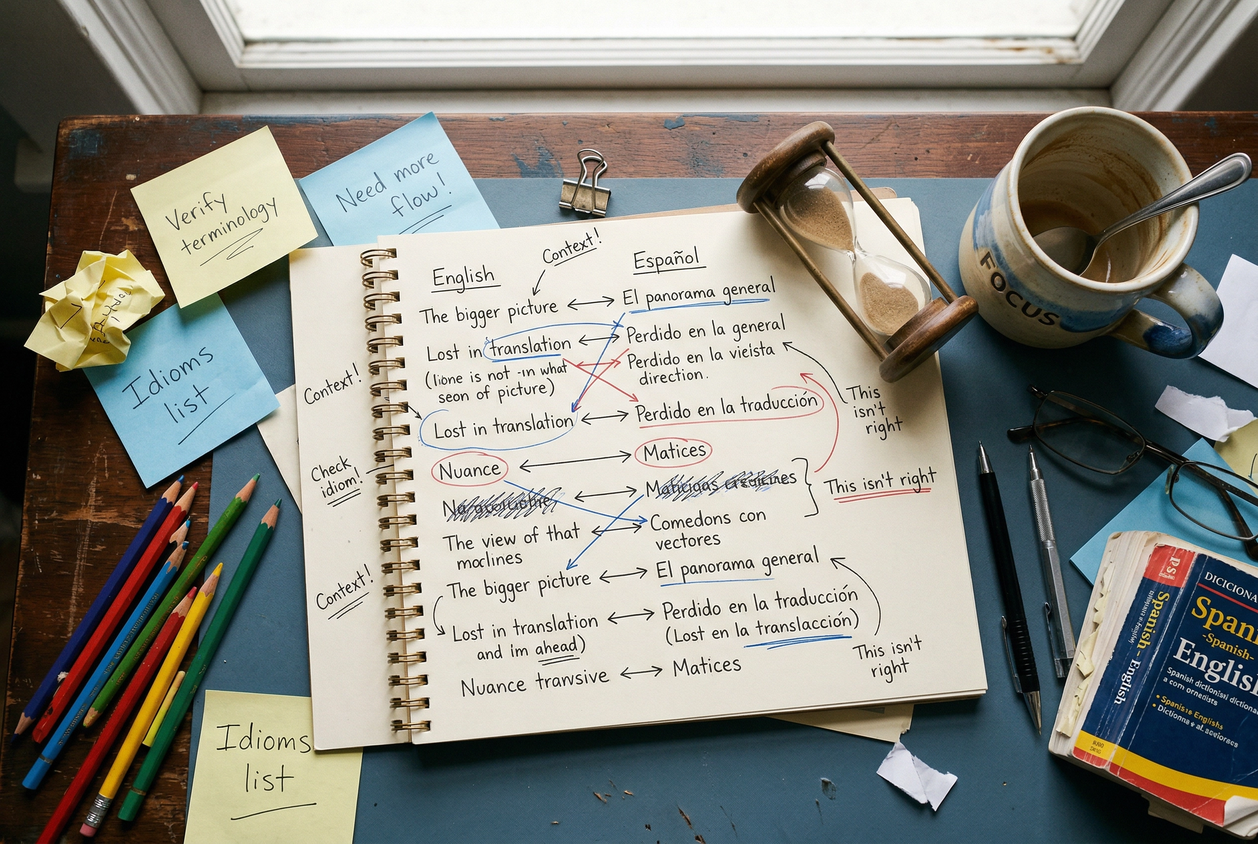 言語間の翻訳にかかる精神的労力を表す、散らかったデスクの俯瞰図