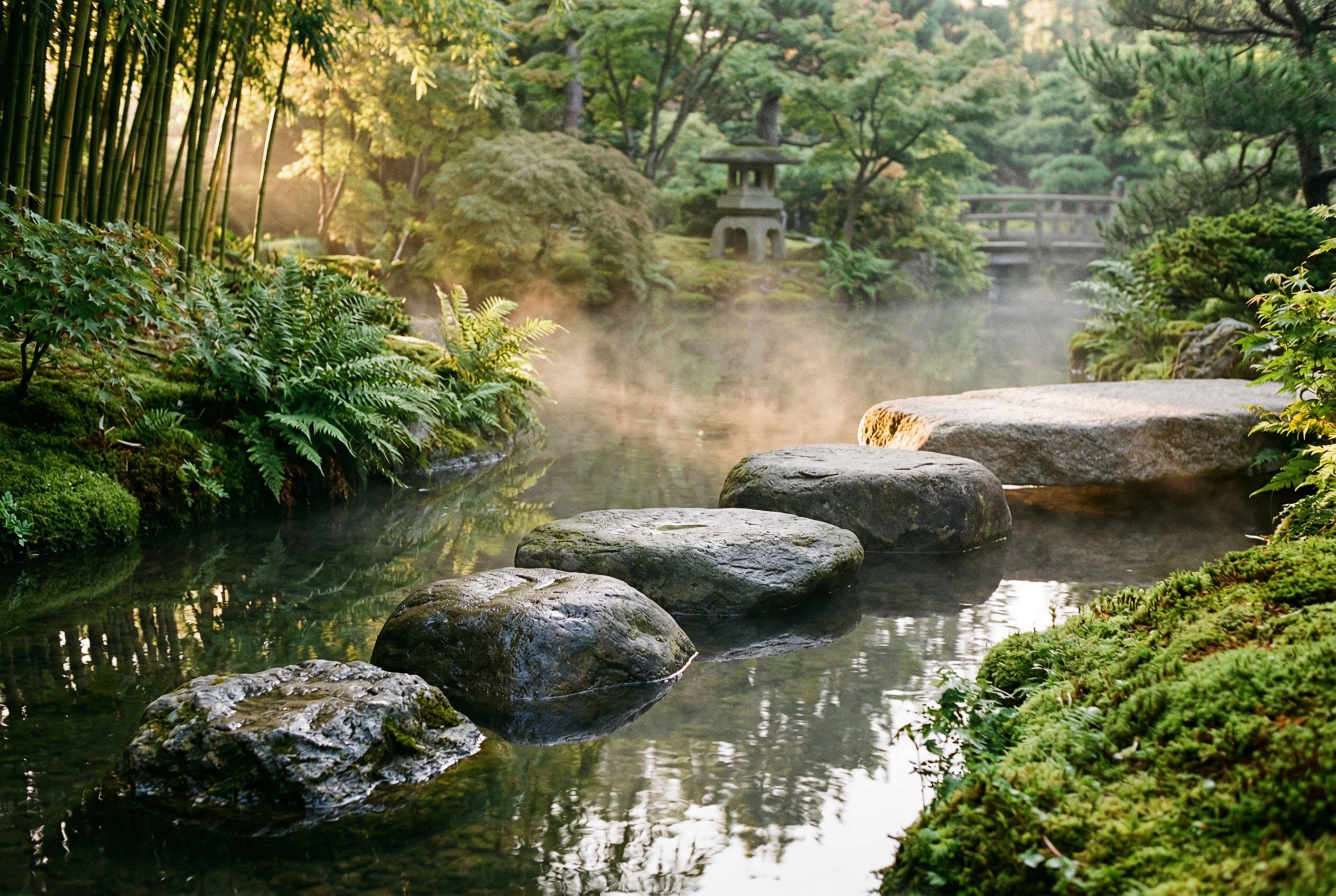 翻訳から自動的な英語思考への移行5段階を表す、池を渡る5つの飛び石