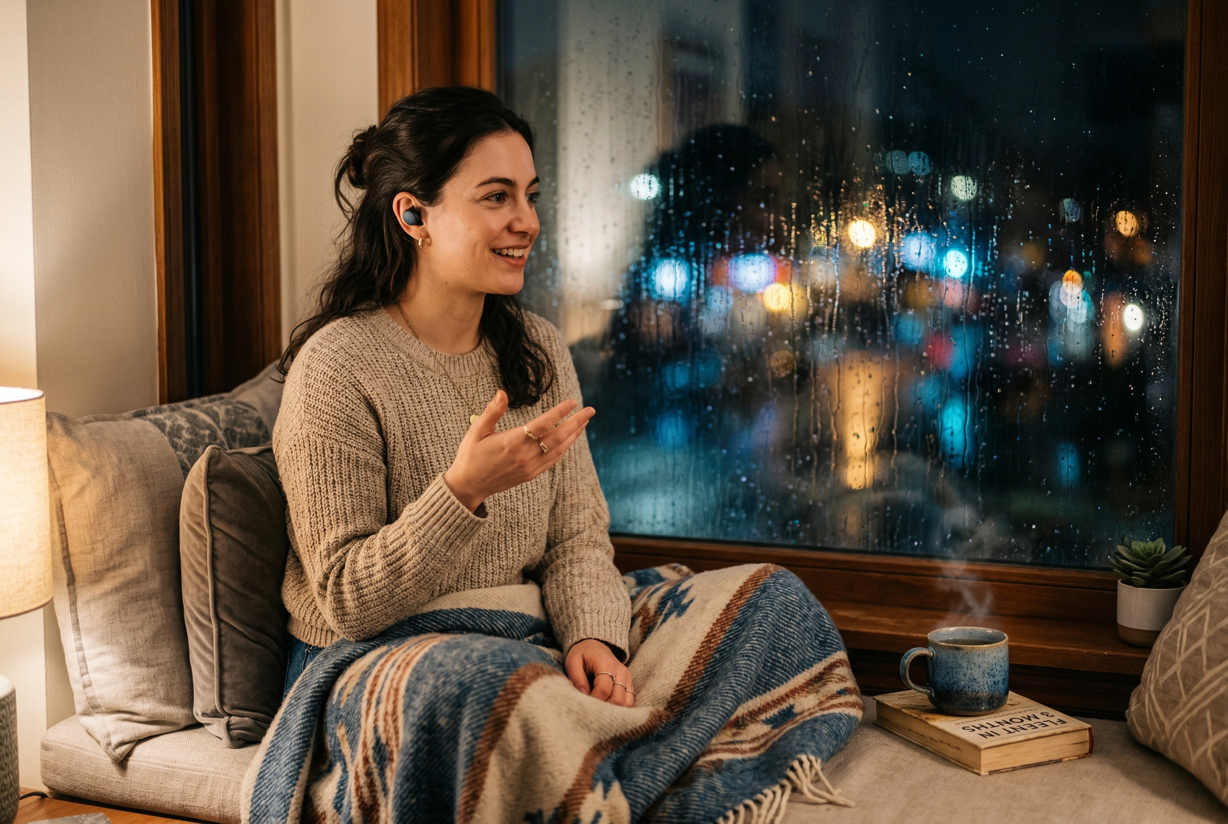 居心地の良い窓辺からAIチューターとリアルタイムで英会話練習をする女性