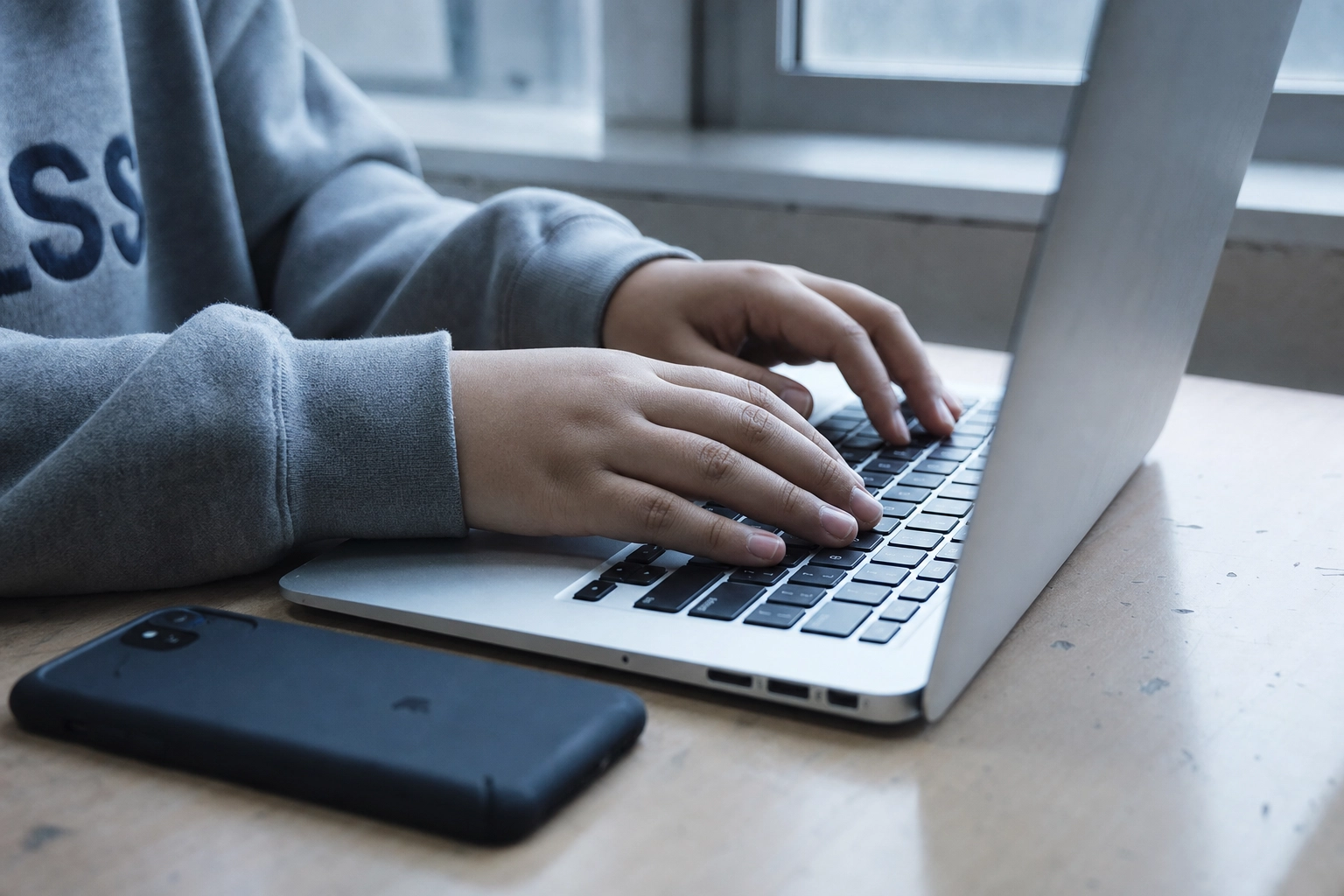 Hands using a laptop in a browser while a phone sits unused, showing Talkio AI's browser-only access