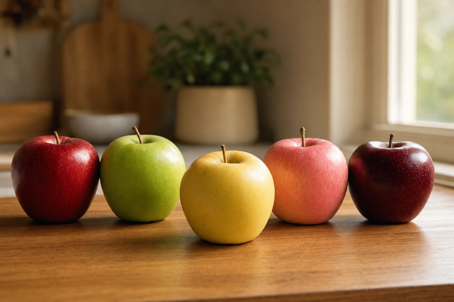 A row of colorful apples with one chosen, symbolizing choosing among Talkio AI alternatives