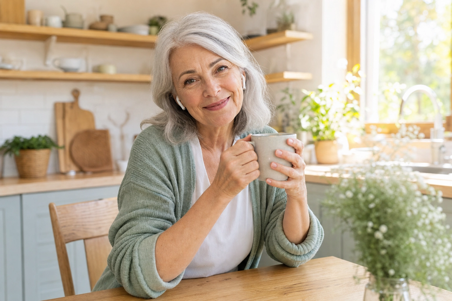 An older adult English learner smiling during a relaxed AI speaking practice session at home
