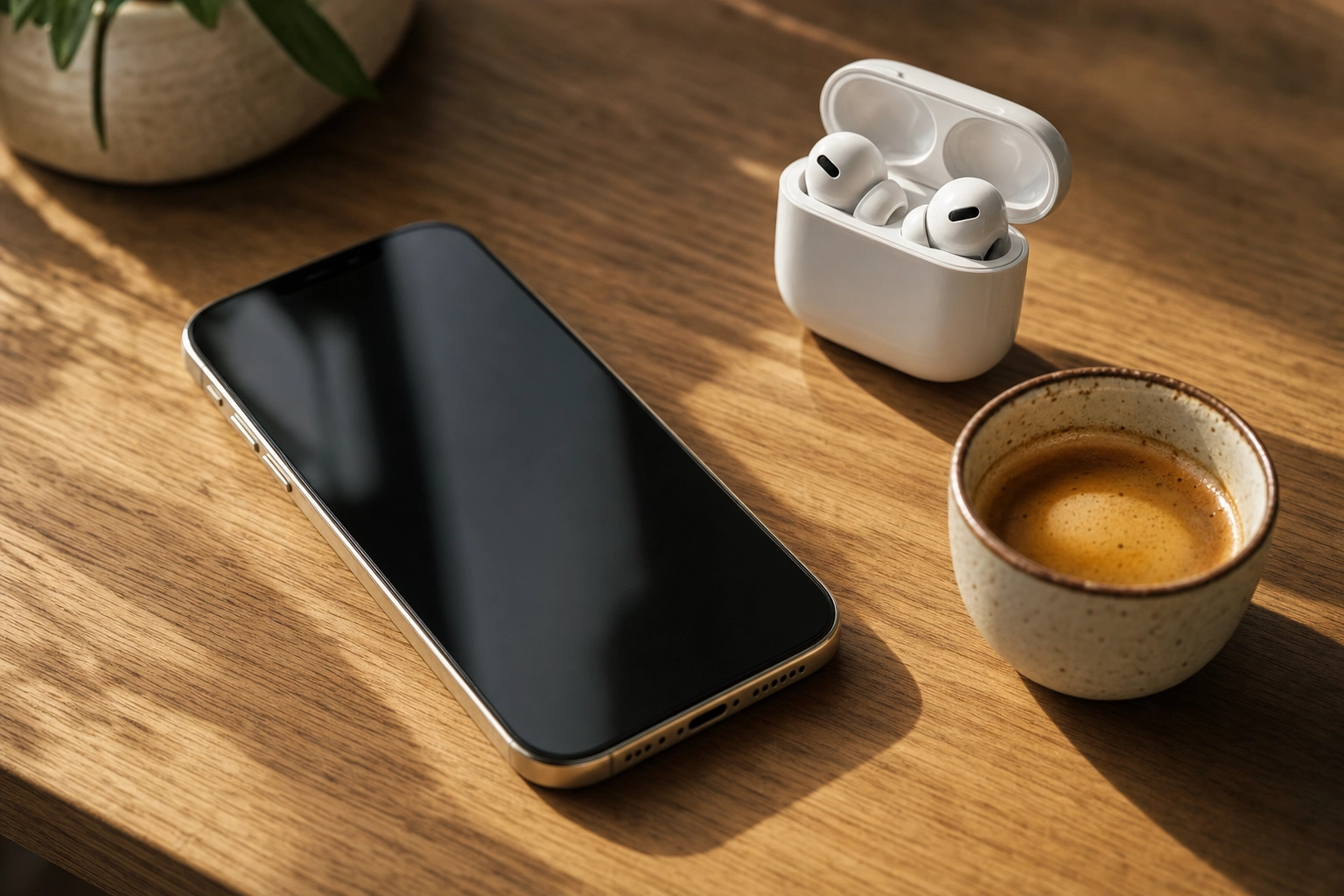 A smartphone and wireless earbuds on a table, illustrating a native app for speaking practice anytime