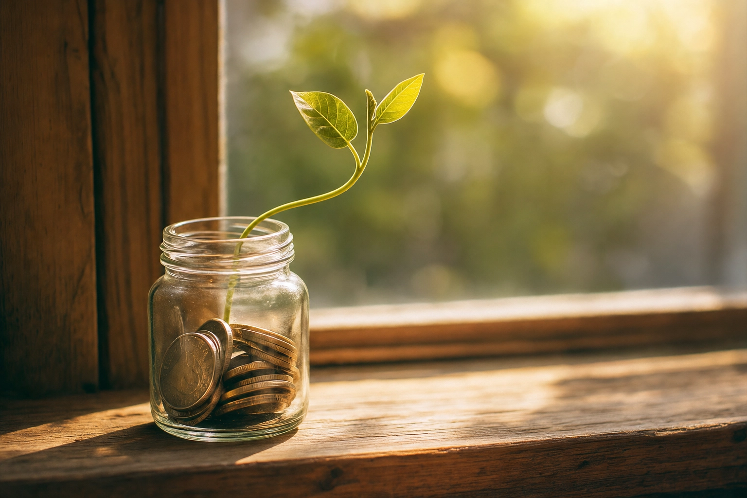 Coins in a glass jar with a sprouting seedling on a windowsill, illustrating Talkio AI subscription value