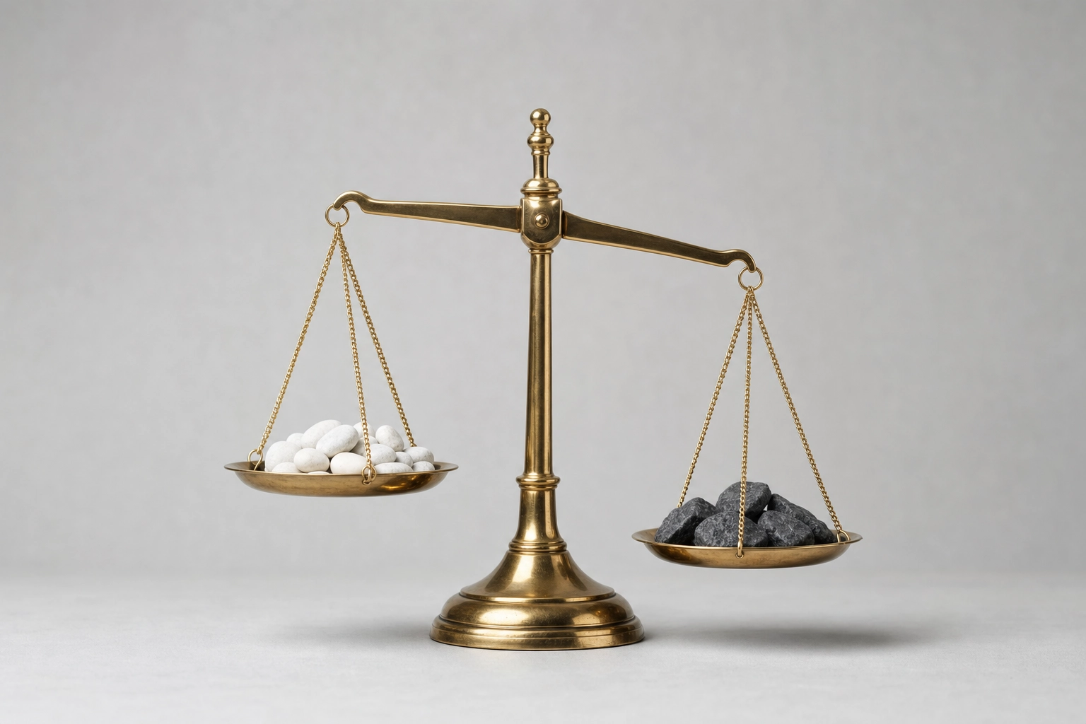 A brass balance scale weighing light and dark stones, symbolizing Talkio AI's pros and cons