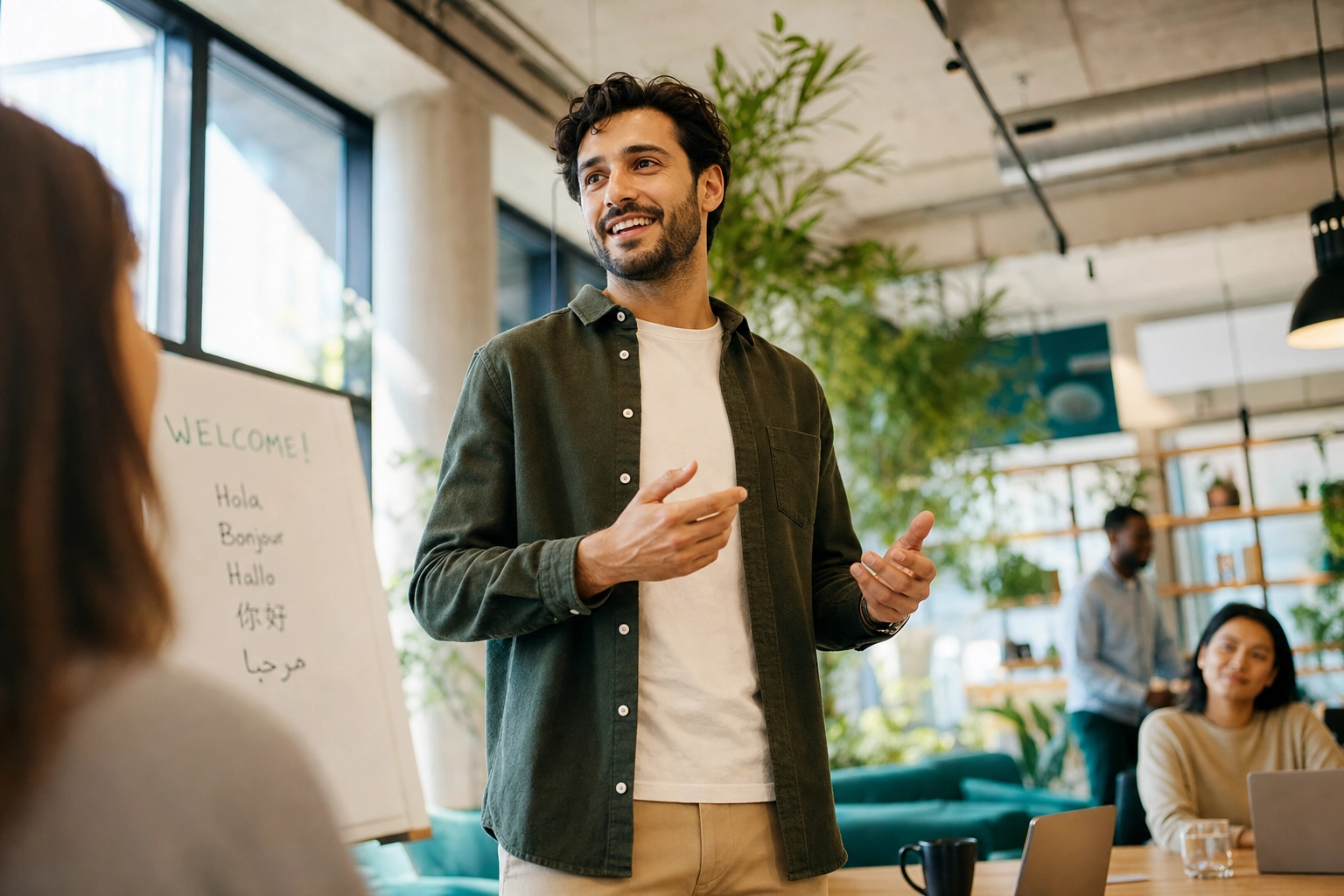 Confident English learner speaking fluently in a bright coworking space after AI speaking practice