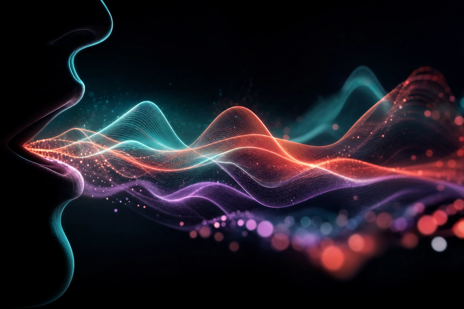 Glowing multicolored sound waves on a dark background representing Talkio AI's voice technology