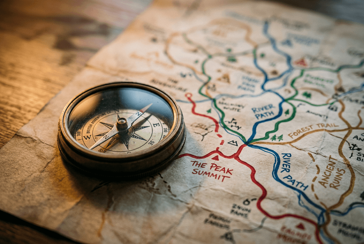 Compass on a map with branching routes showing how to choose the right English learning app