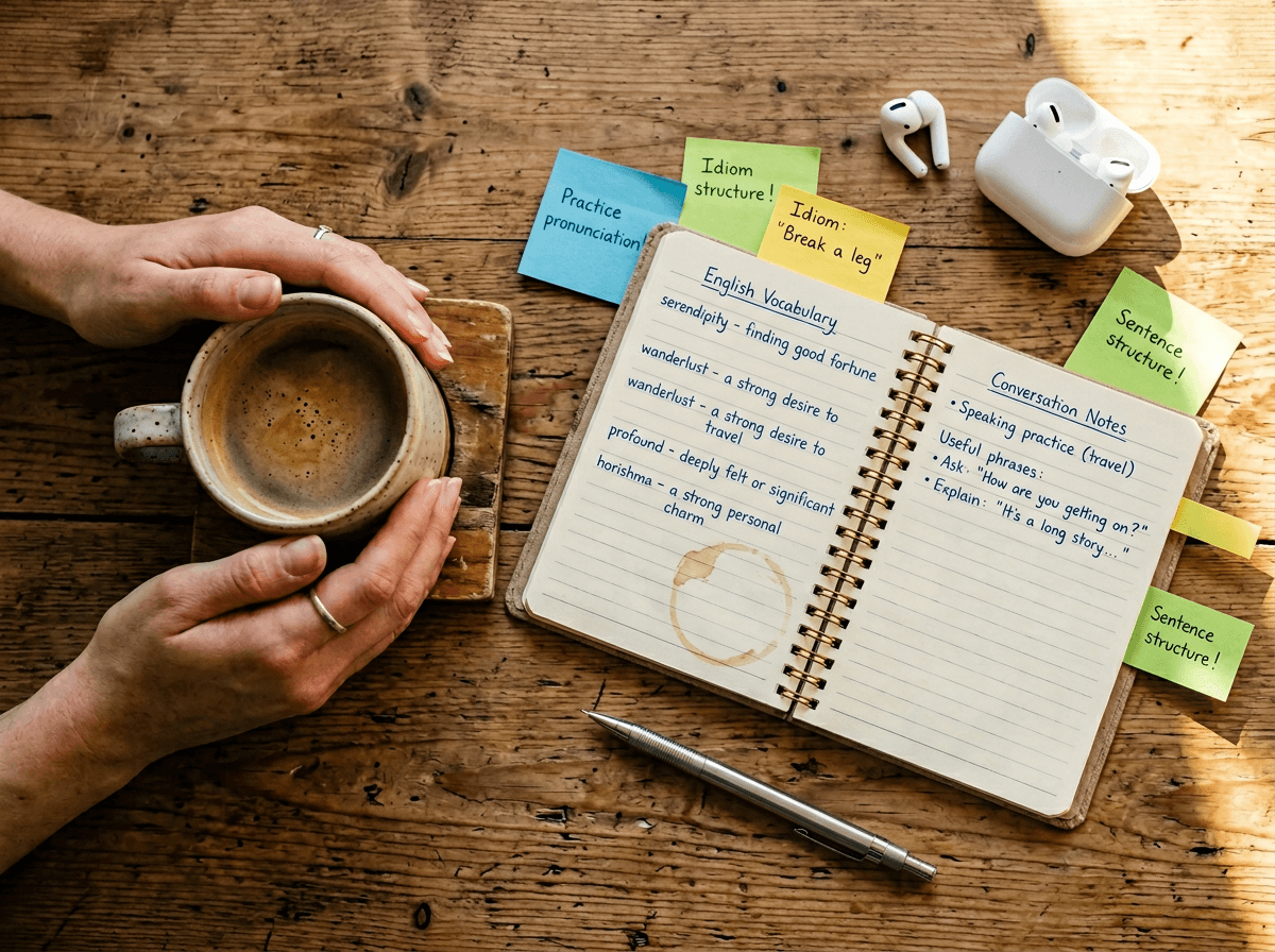 Overhead view of English vocabulary notes and earbuds on cafe table for self-study practice