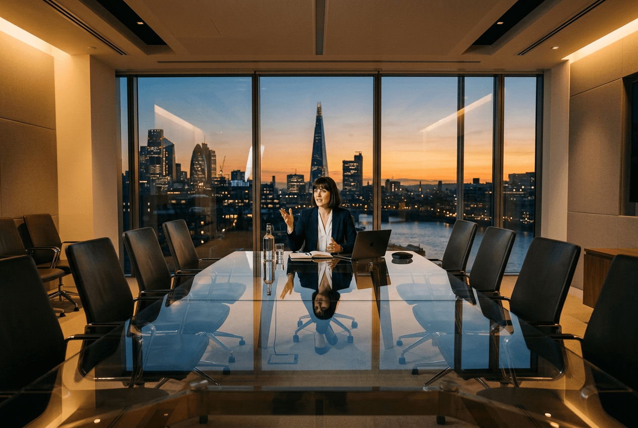 Professional woman practicing English presentation skills in a corporate meeting room