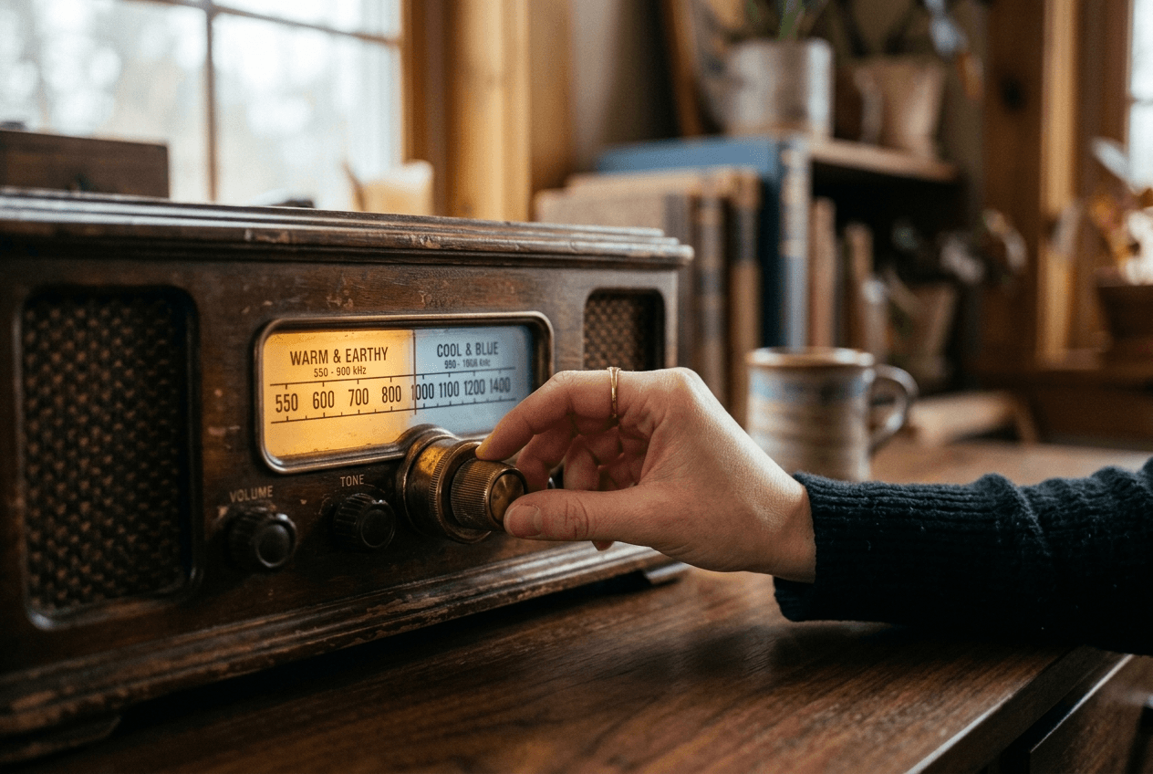 Tuning a radio dial representing choosing between American and British English accents