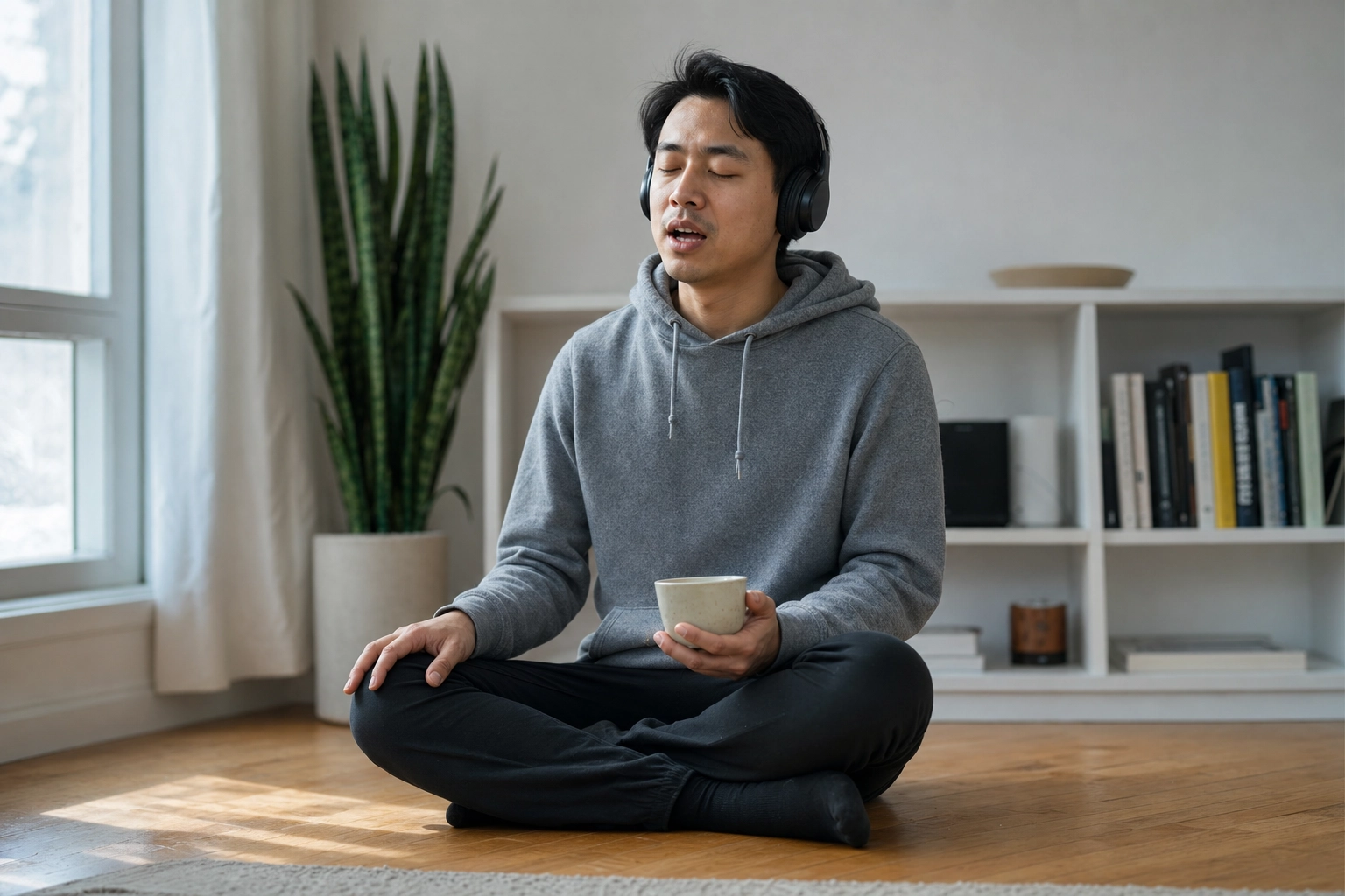 Young man with headphones practicing how to pronounce th sound with AI conversation tutor