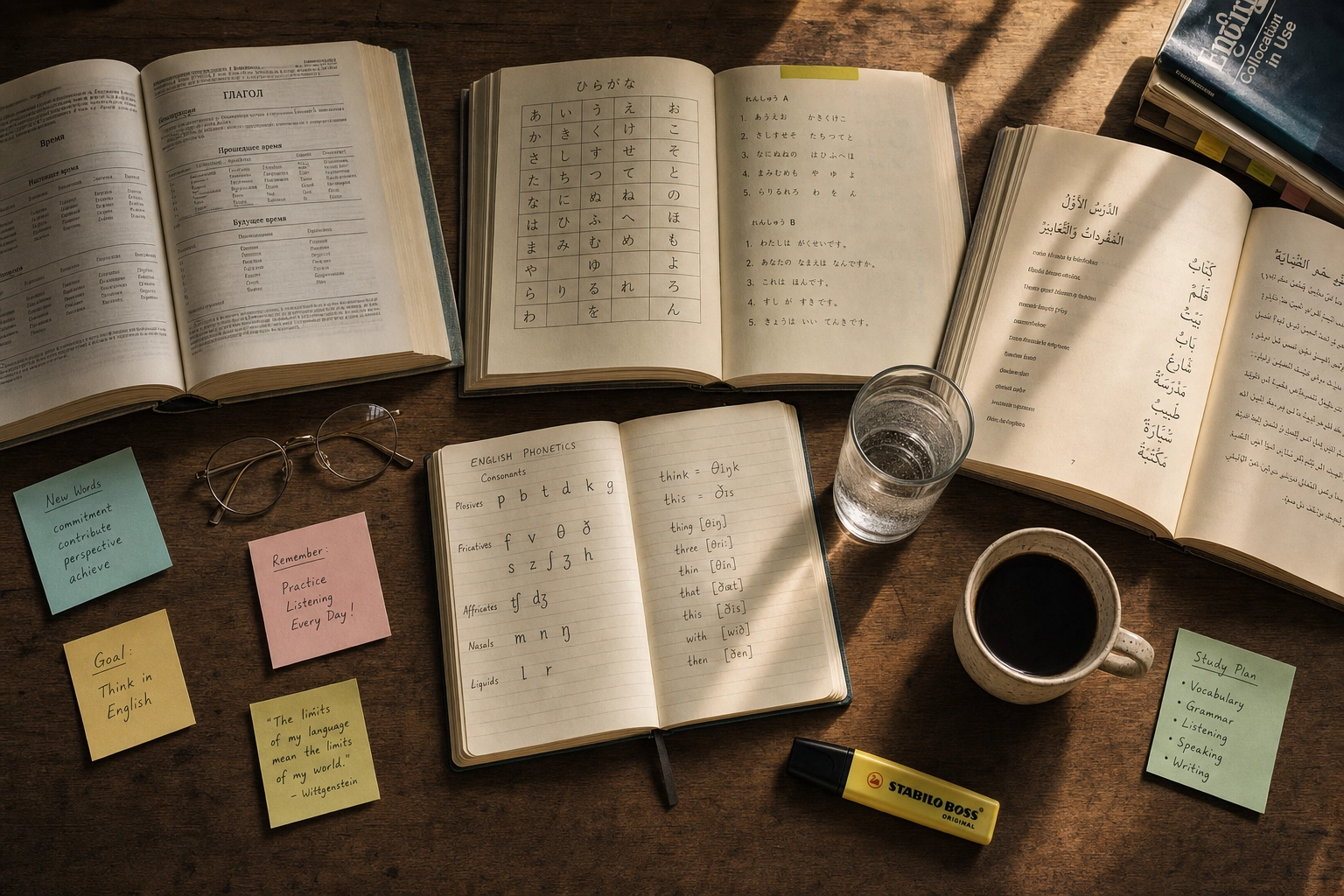 Overhead view of language learning desk with notebooks in multiple scripts for global English learners