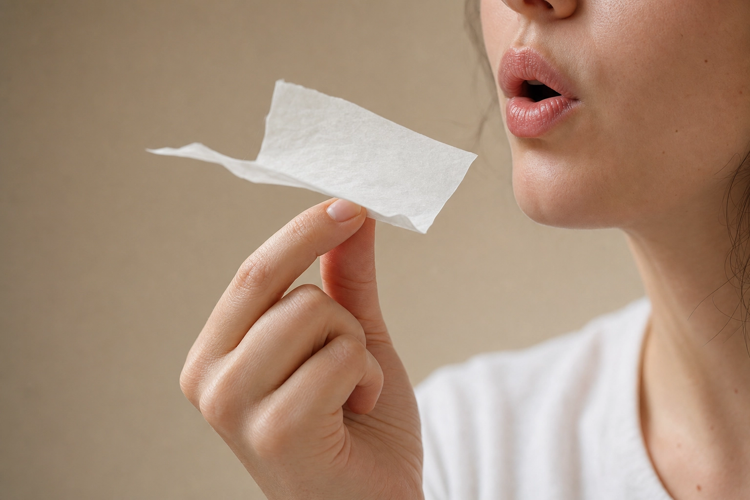 Hand holding tissue paper near mouth to test aspiration for voiceless TH sound pronunciation