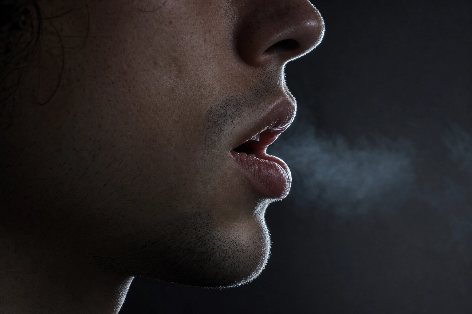 Side profile close-up showing how to pronounce th sound with proper tongue position and visible breath
