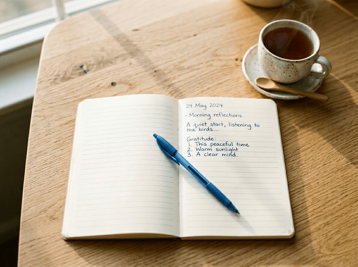 Overhead view of English journaling practice with notebook and pen for daily reflection