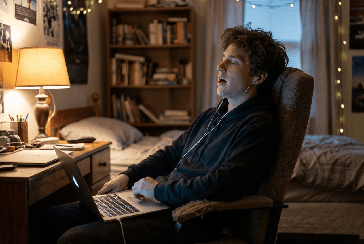 English learner practicing real-time voice conversation alone at his desk with earbuds in