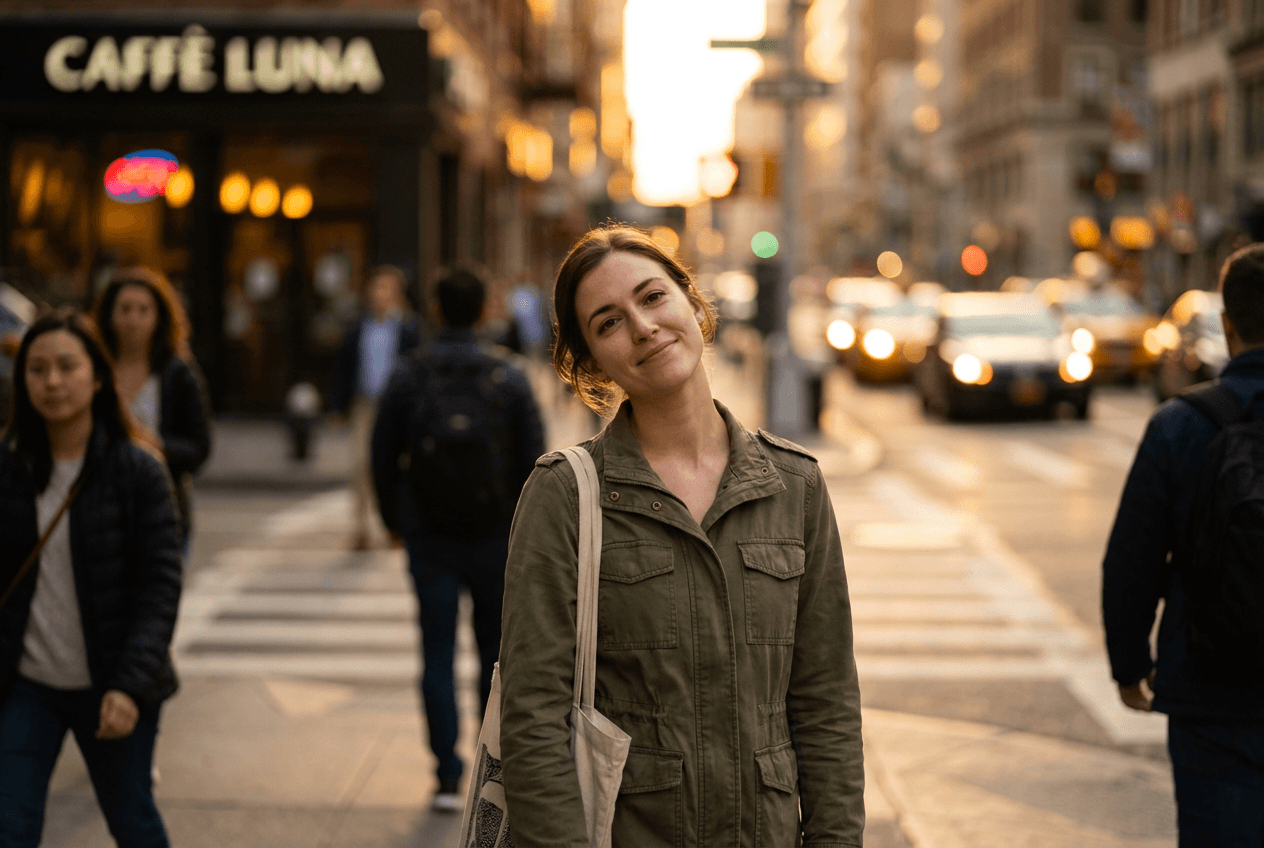 Woman on city sidewalk experiencing a breakthrough moment of spontaneous English thinking