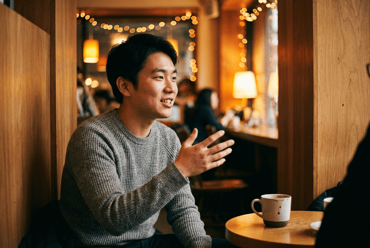 Young man confidently practicing English speaking in a cozy cafe setting