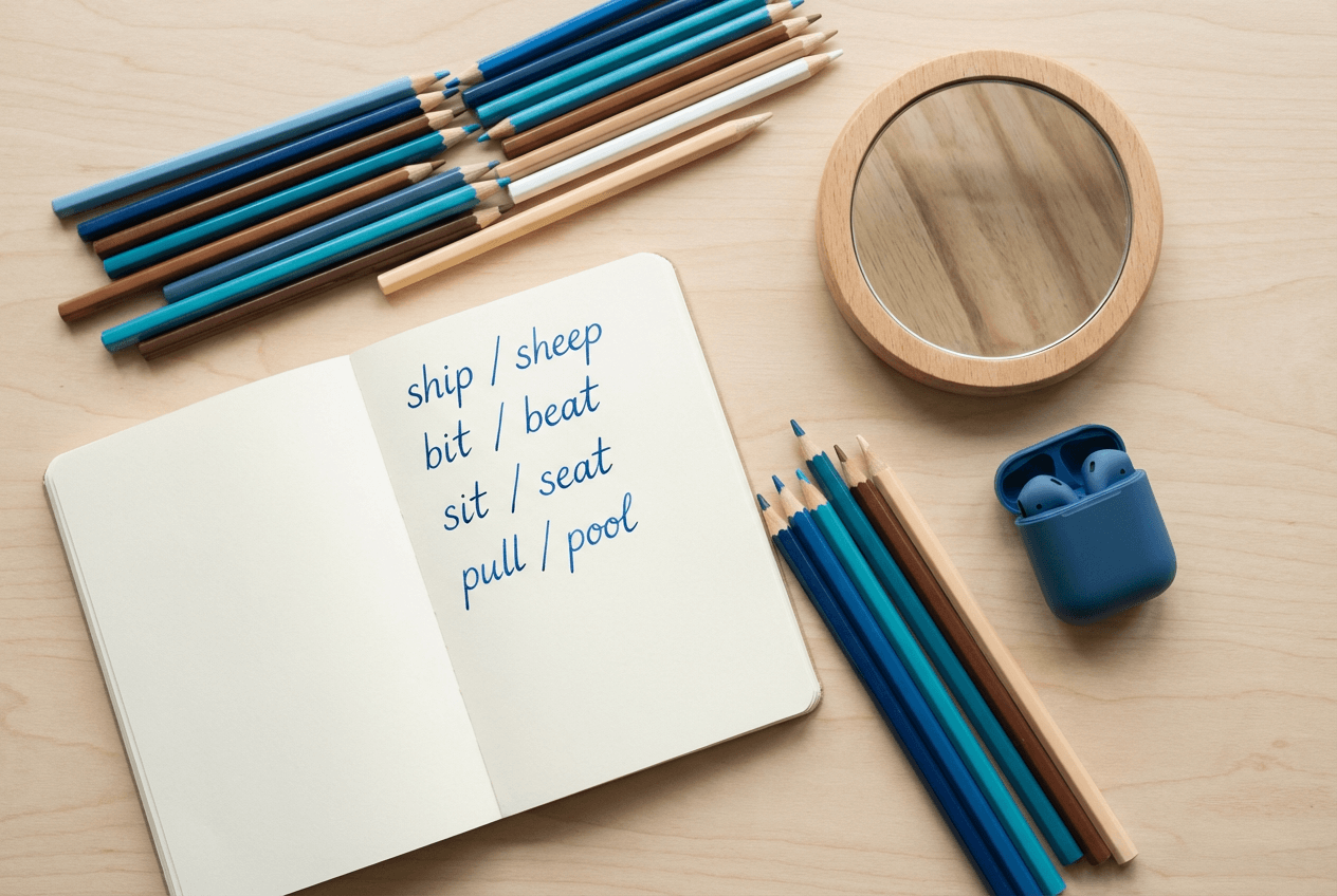 Notebook with English minimal pairs pronunciation exercises on a clean wooden desk