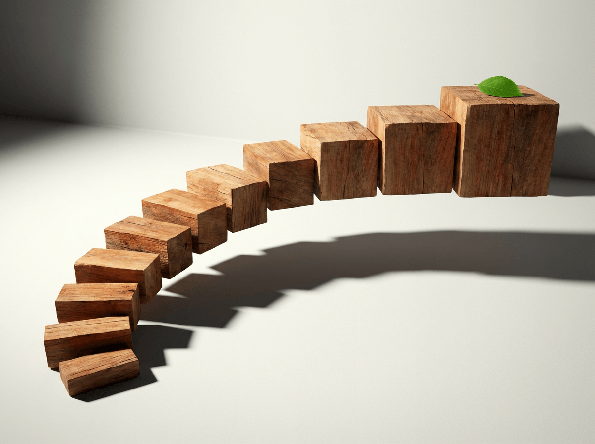 Progressive staircase of wooden blocks representing step-by-step English speaking improvement