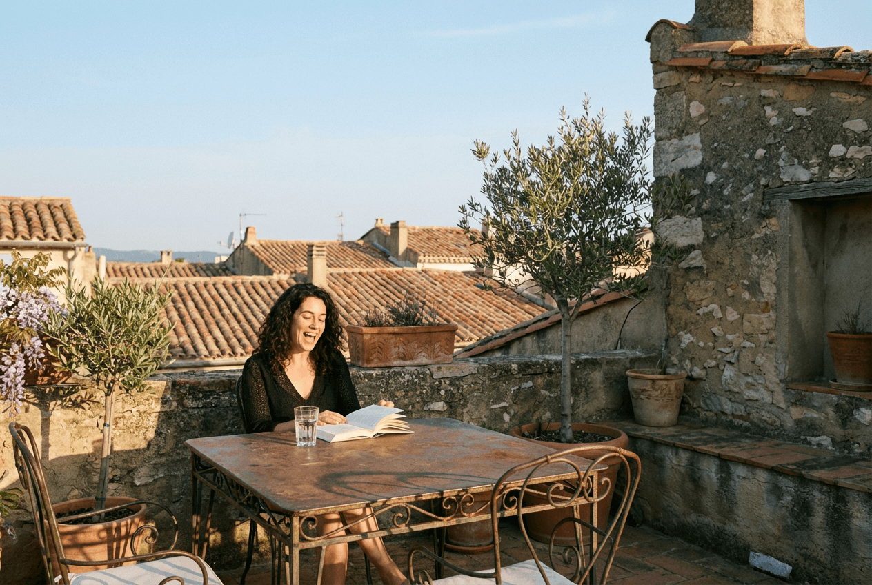Woman reading aloud on a rooftop terrace for English fluency practice in the early morning