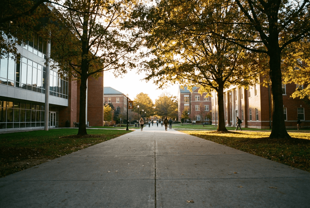 University campus quad with students walking between academic buildings during golden hour, typical TOEFL Listen and Repeat setting