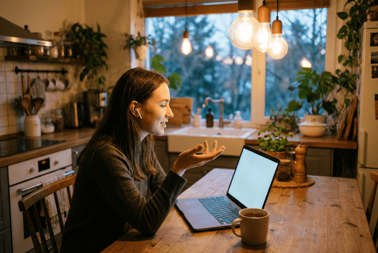 Student practicing spontaneous English speaking responses at home for TOEFL interview preparation
